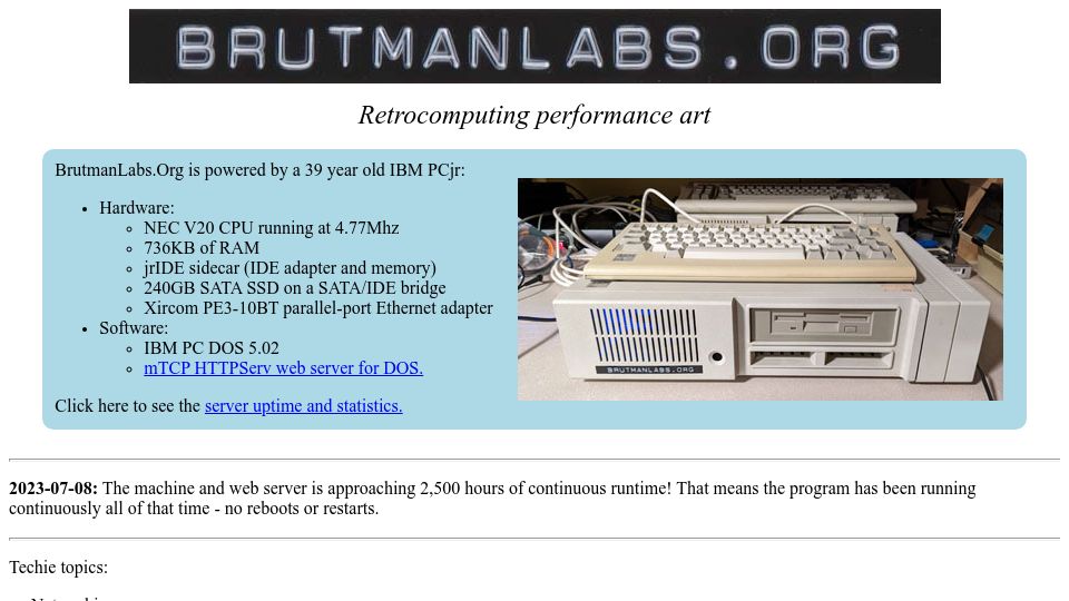 Screenshot of brutmanlabs.org: 2,500 continuous runtime hours on a 4.77Mhz DOS web server