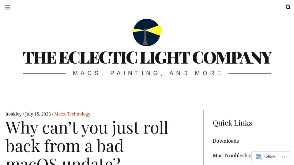 Screenshot of eclecticlight.co: Why can’t you just roll back from a bad macOS update?