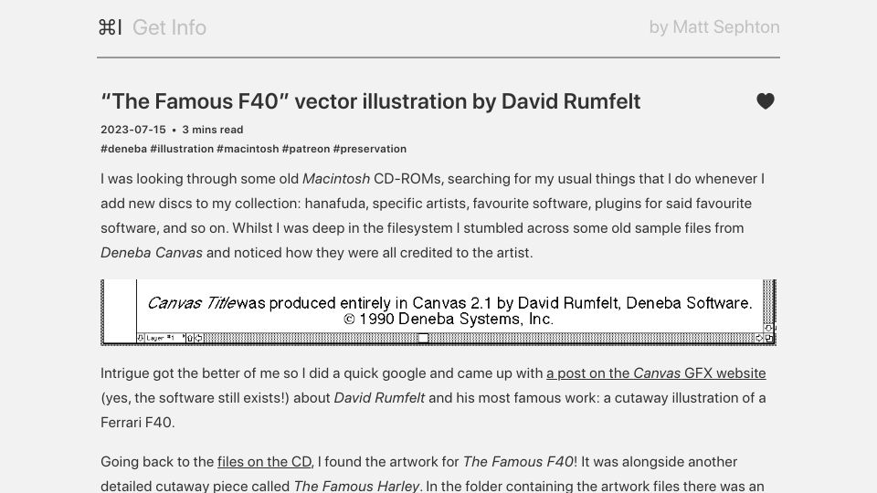 Screenshot of blog.gingerbeardman.com: “The Famous F40” Vector Illustration
