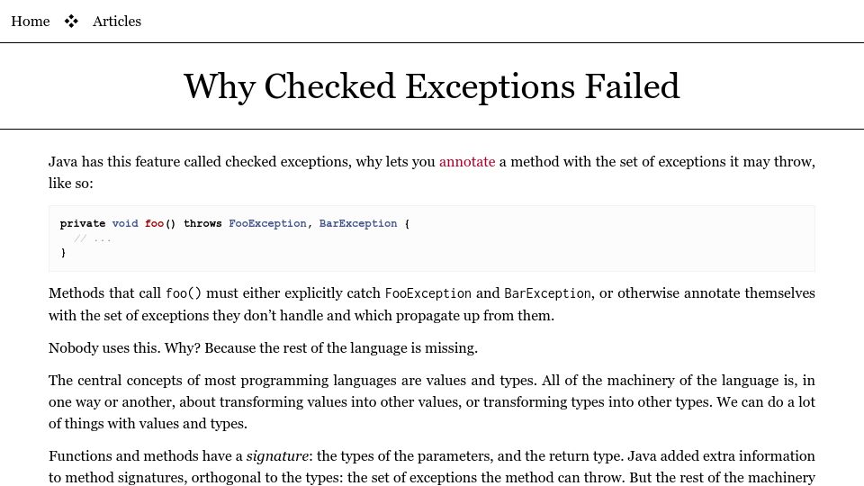Screenshot of borretti.me: Why checked exceptions failed