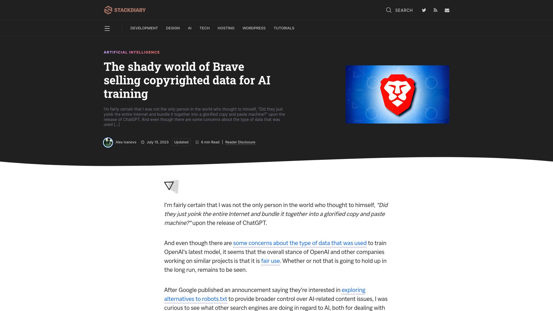 Screenshot of stackdiary.com: The shady world of Brave selling copyrighted data for AI training