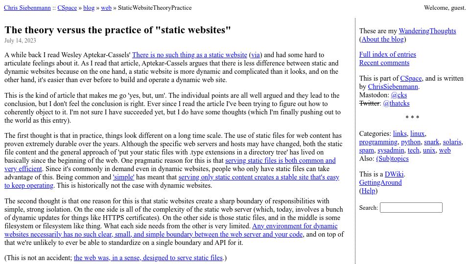 Screenshot of utcc.utoronto.ca: The theory versus the practice of “static websites”