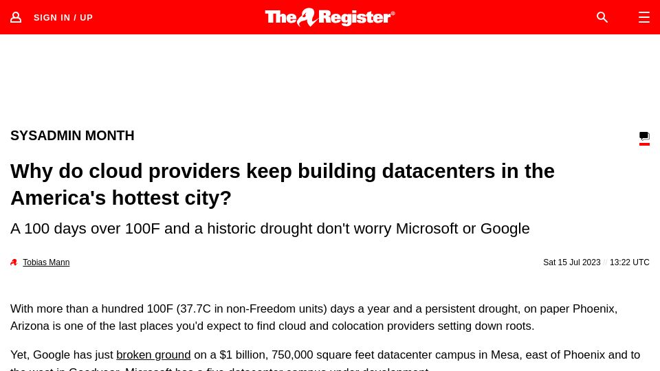 Screenshot of theregister.com: Why do cloud providers keep building datacenters in the America's hottest city?