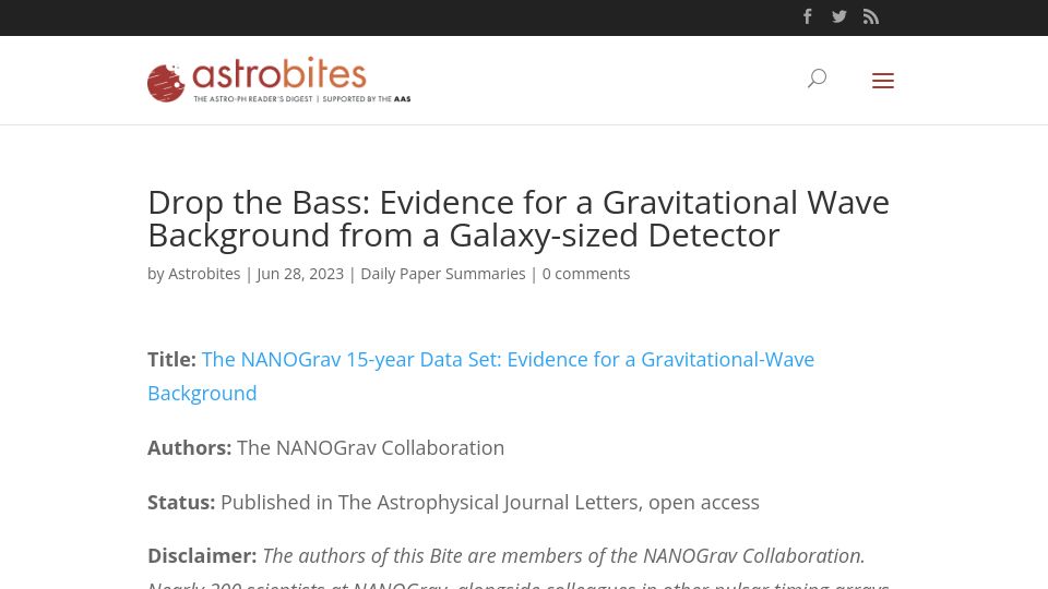 Screenshot of astrobites.org: Evidence for a gravitational wave background from a galaxy-sized detector