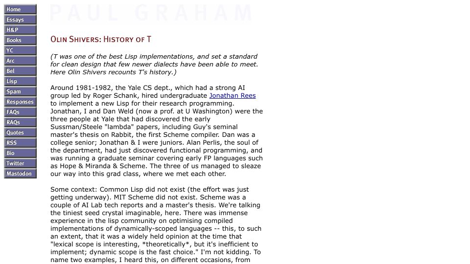 Screenshot of paulgraham.com: History of T (2001)