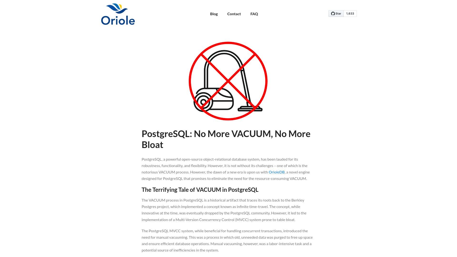 Screenshot of orioledata.com: PostgreSQL: No More Vacuum, No More Bloat
