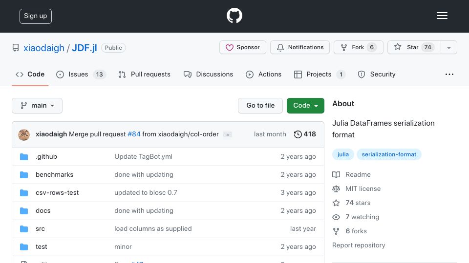 Screenshot of github.com: JDF.jl – Julia DataFrames serialization format
