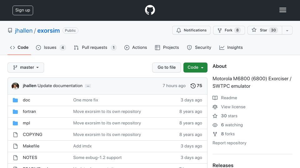 Screenshot of github.com: Motorola 6800 EXORciser development system simulator