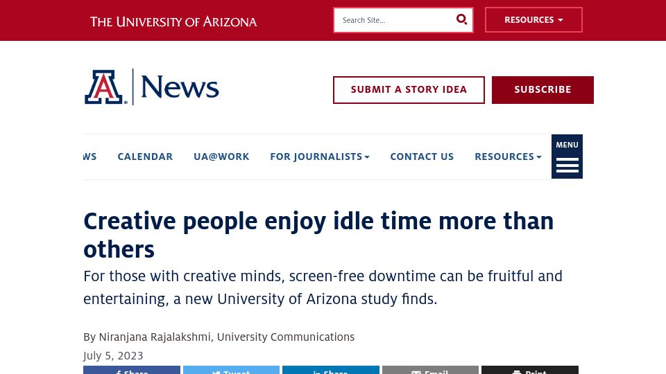 Screenshot of news.arizona.edu: Creative people enjoy idle time more than others: study