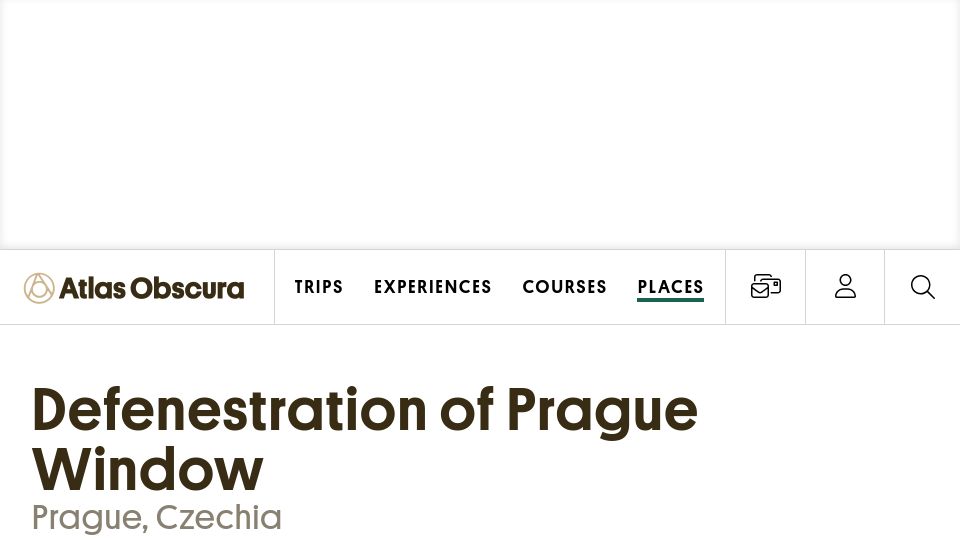 Screenshot of atlasobscura.com: Defenestration of Prague Window (2019)