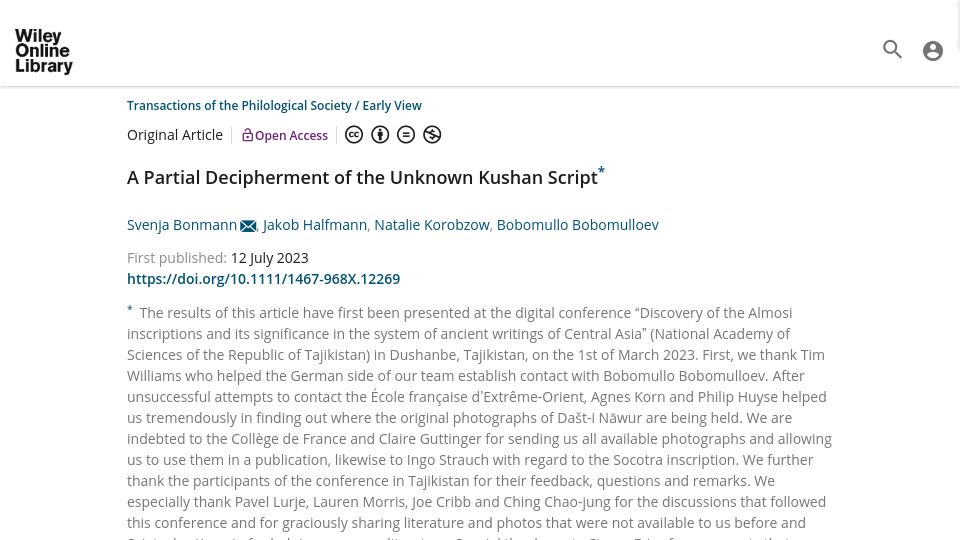 Screenshot of onlinelibrary.wiley.com: A Partial Decipherment of the Unknown Kushan Script