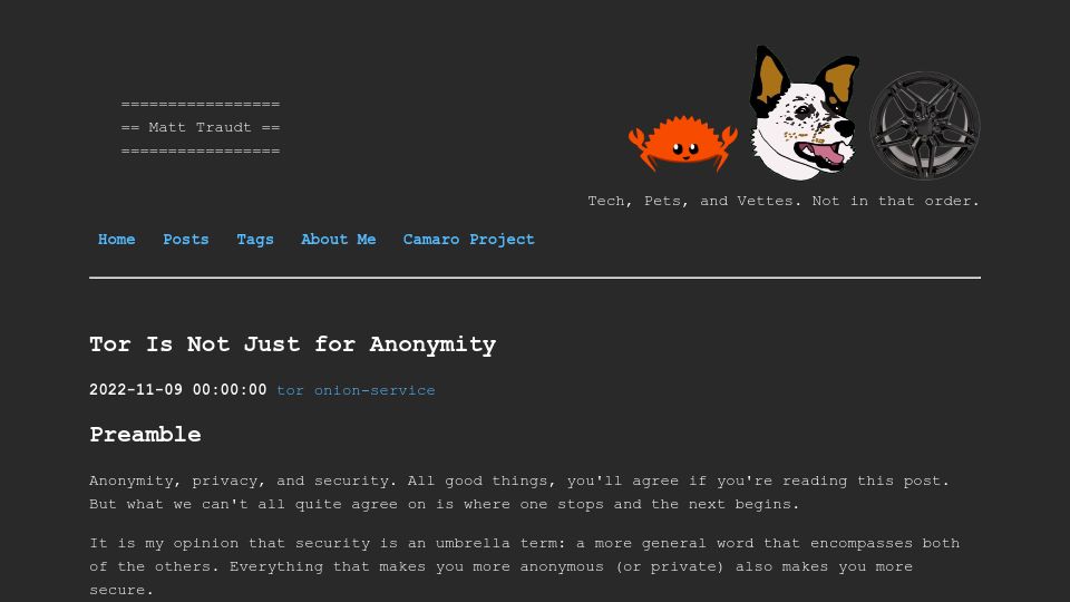 Screenshot of blog.pastly.net: Tor is not just for anonymity (2022)