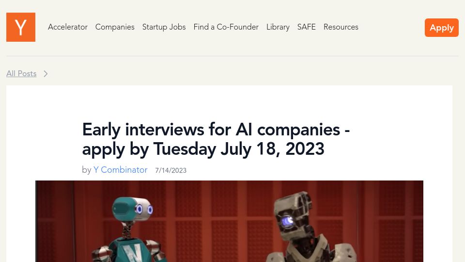 Screenshot of ycombinator.com: YC offers early interviews for AI companies
