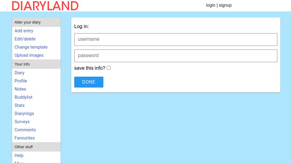 Screenshot of members.diaryland.com: DiaryLand is still going?
