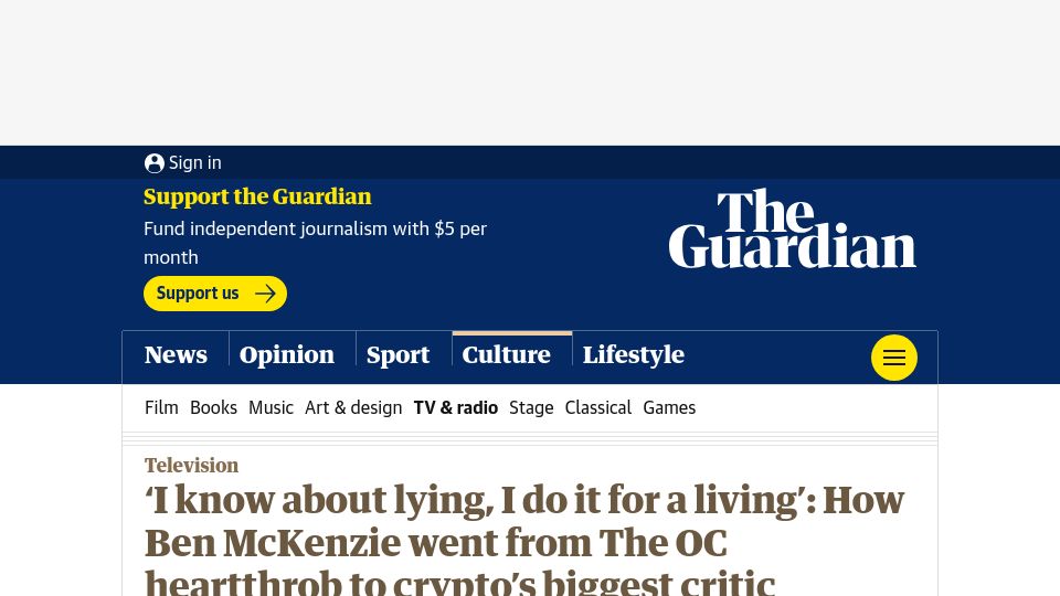 Screenshot of theguardian.com: ‘I know about lying, I do it for a living’: Ben McKenzie as crypto critic