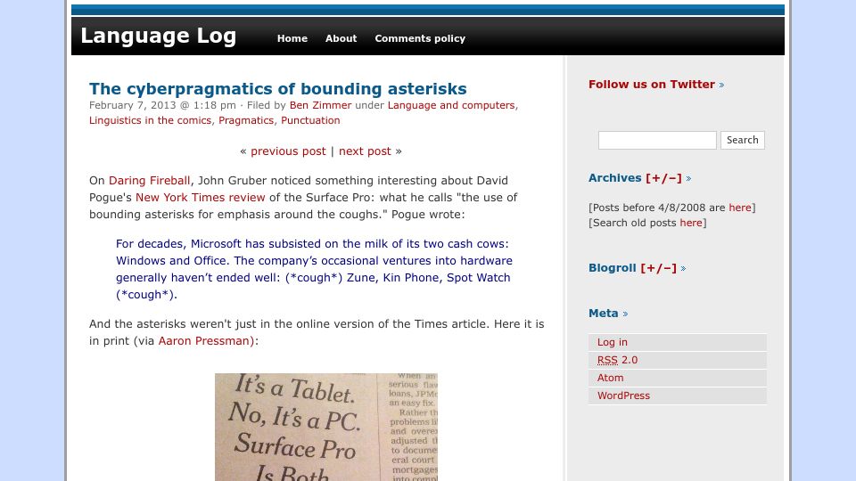 Screenshot of languagelog.ldc.upenn.edu: The cyberpragmatics of bounding asterisks (2013)