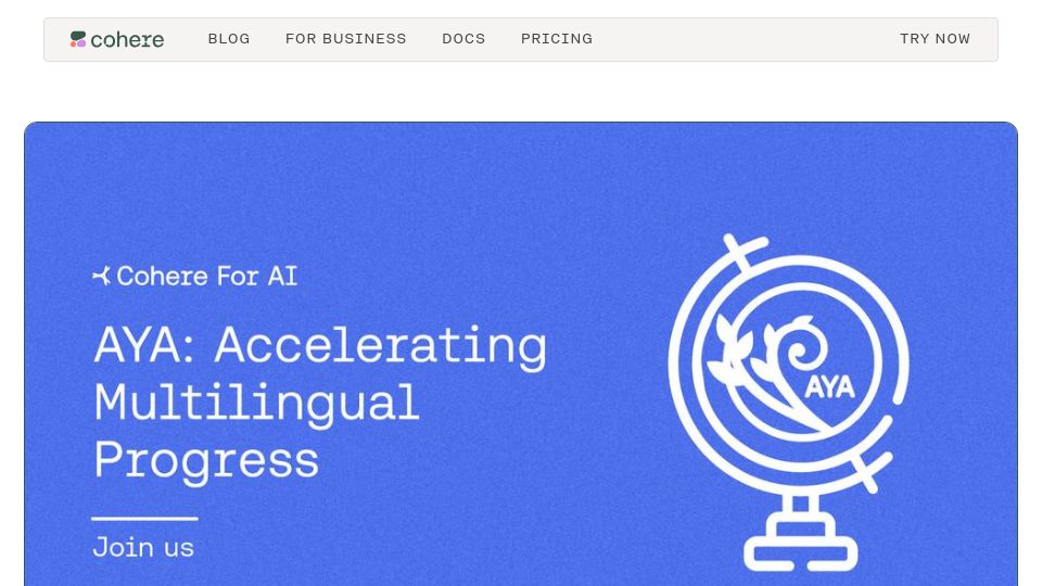 Screenshot of txt.cohere.com: Aya: An open science project to build open multilingual models and datasets