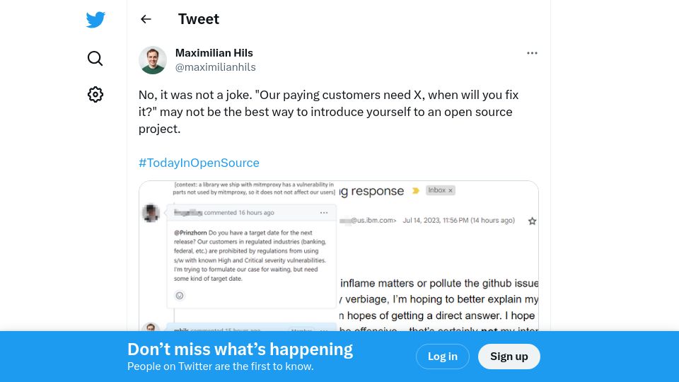 Screenshot of twitter.com: “Our paying customers need X, when will you fix it?”