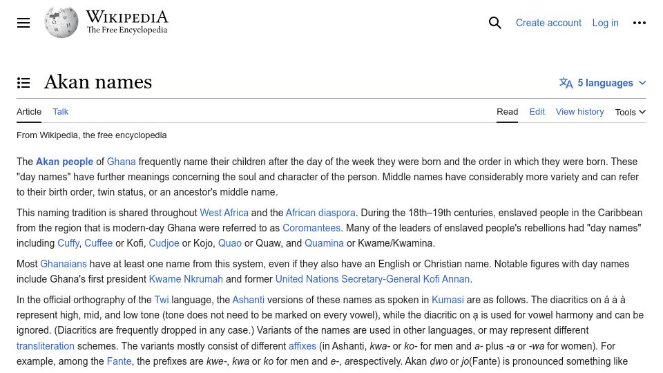 Screenshot of en.wikipedia.org: Akan Names