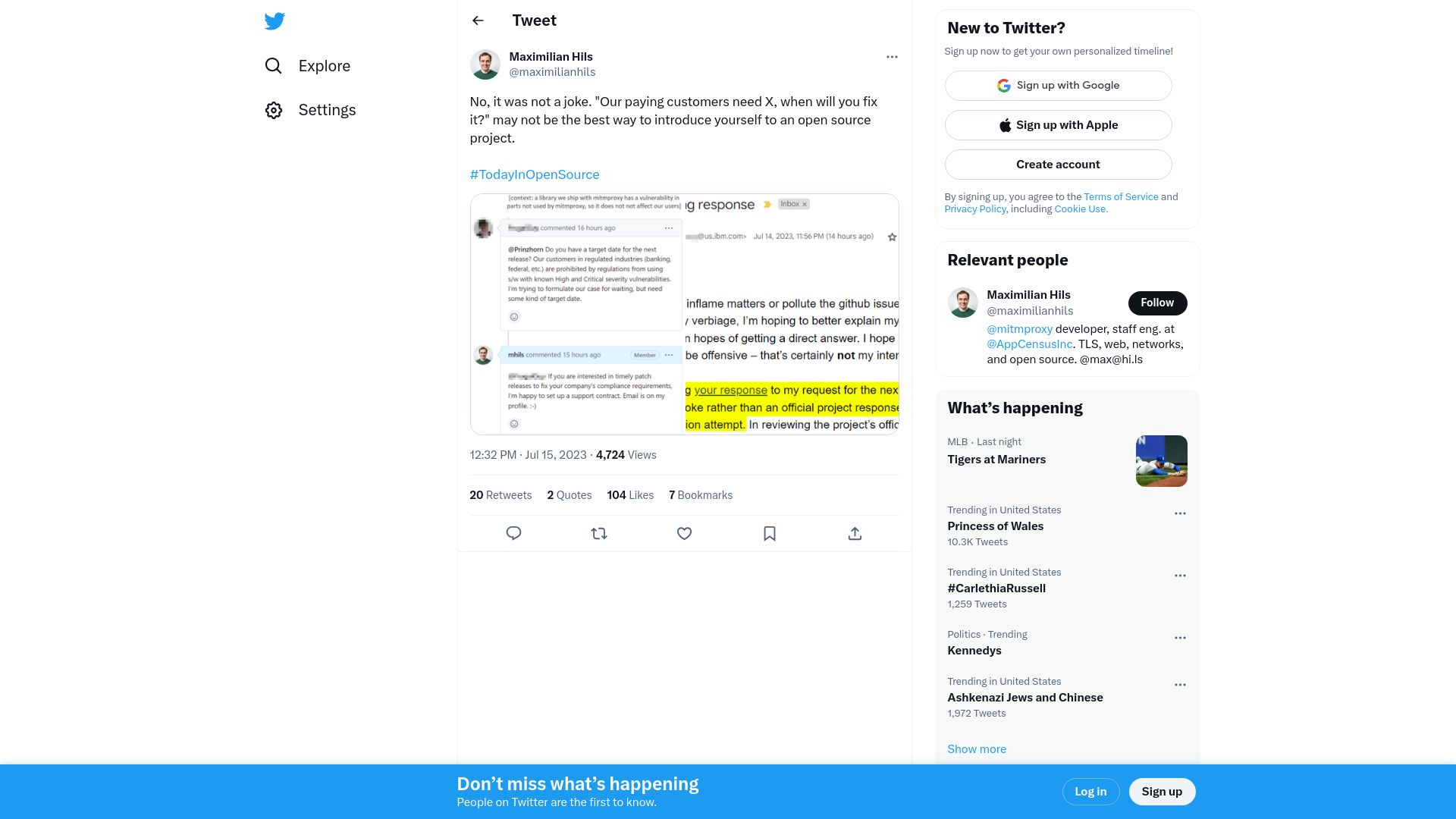 Screenshot of twitter.com: “Our paying customers need X, when will you fix it?”