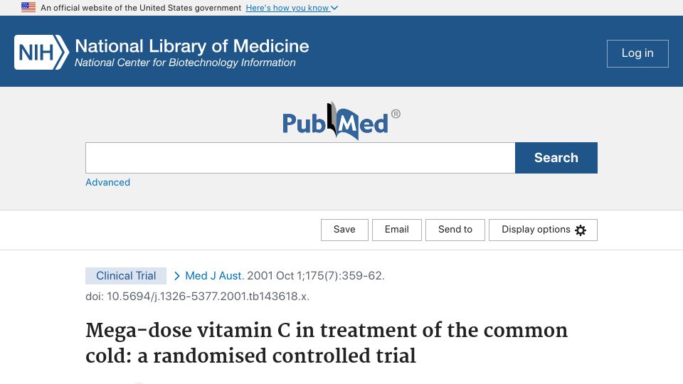 Screenshot of pubmed.ncbi.nlm.nih.gov: Mega-dose vitamin C in treatment of the common cold (2001)