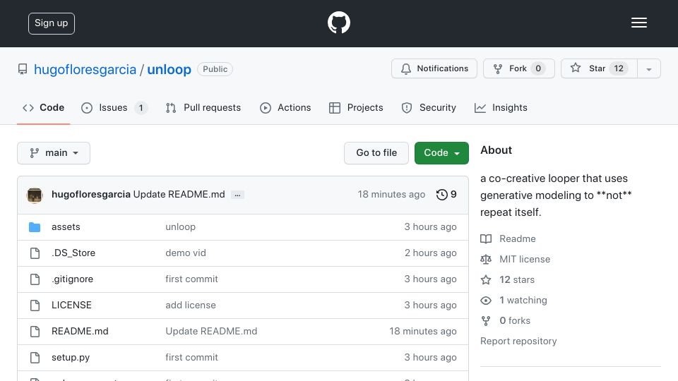 Screenshot of github.com: Unloop: A generative music looper that doesn’t repeat itself