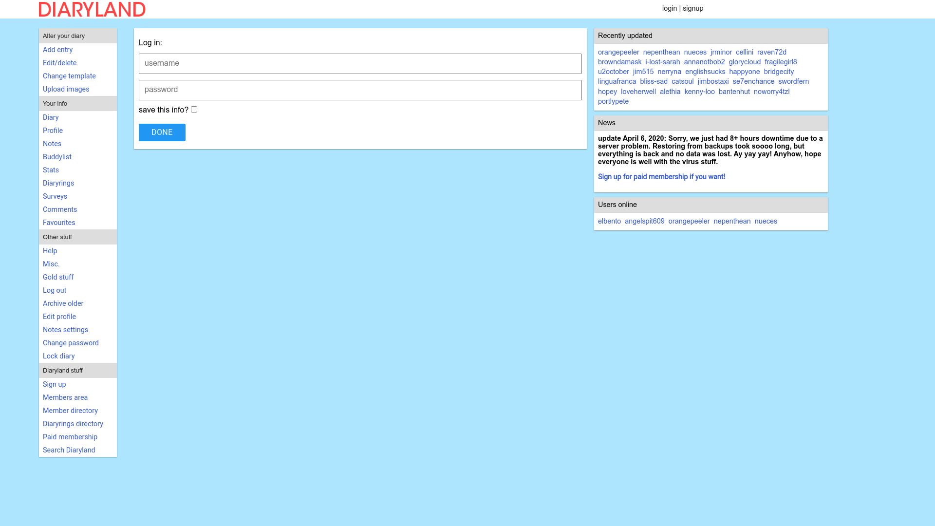 Screenshot of members.diaryland.com: DiaryLand is still going?