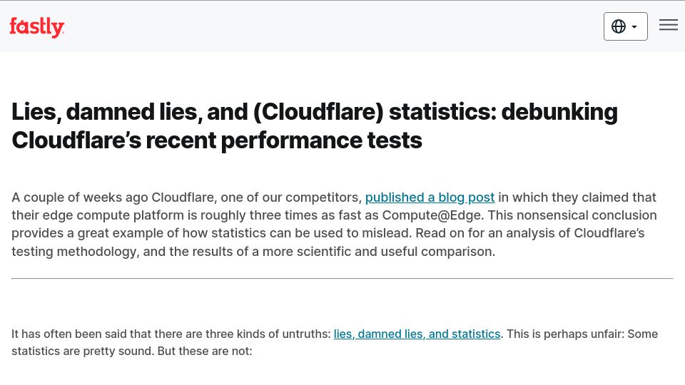 Screenshot of fastly.com: Debunking Cloudflare’s recent performance tests (2021)