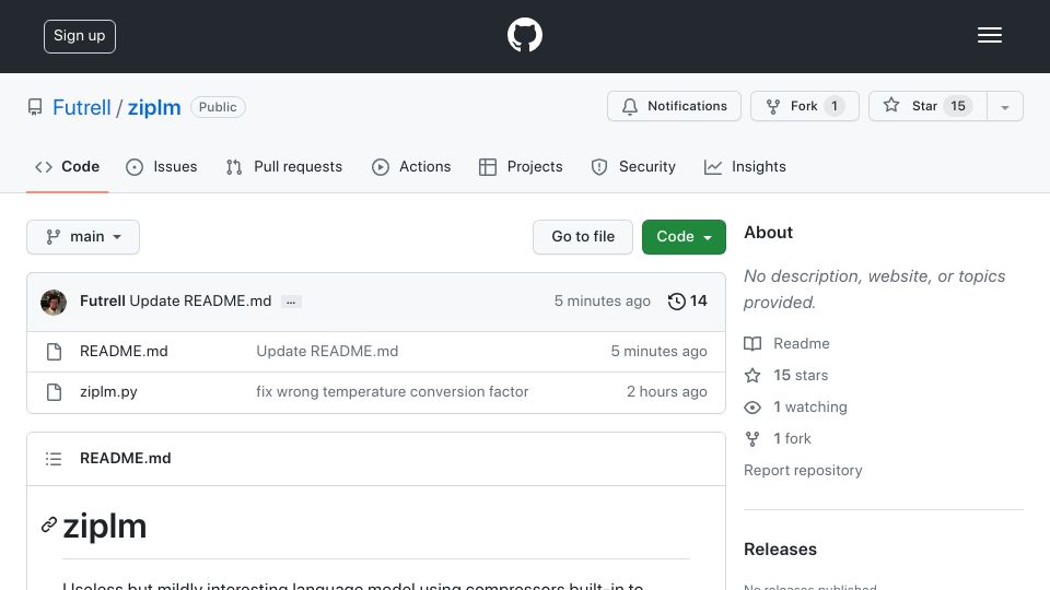 Screenshot of github.com: Ziplm: Gzip-Backed Language Model
