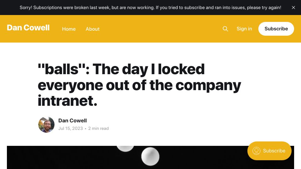 Screenshot of dancowell.com: The day I locked everyone out of the company intranet