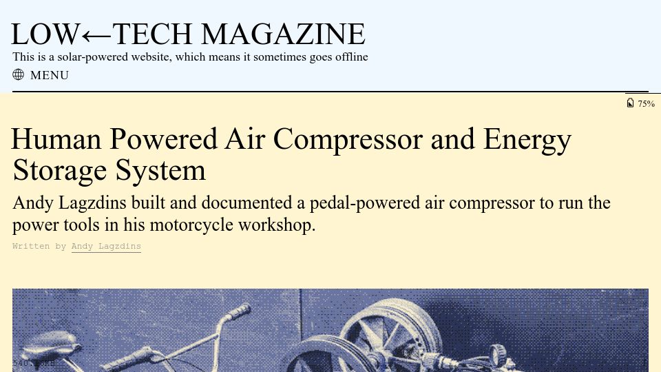Screenshot of solar.lowtechmagazine.com: Human-powered air-compressor and energy storage system