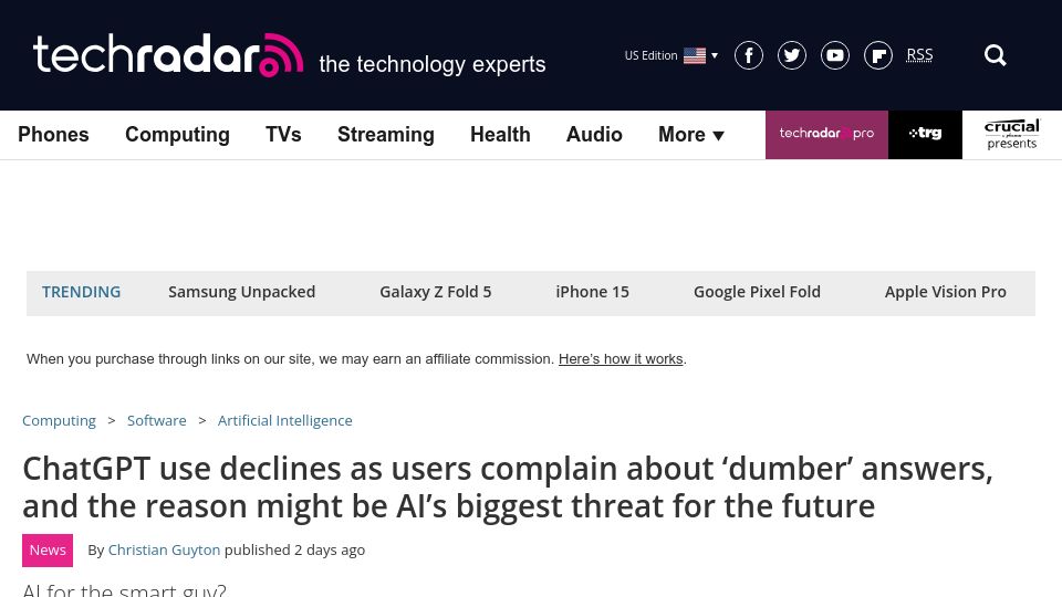 Screenshot of techradar.com: ChatGPT use declines as users complain about ‘dumber’ answers