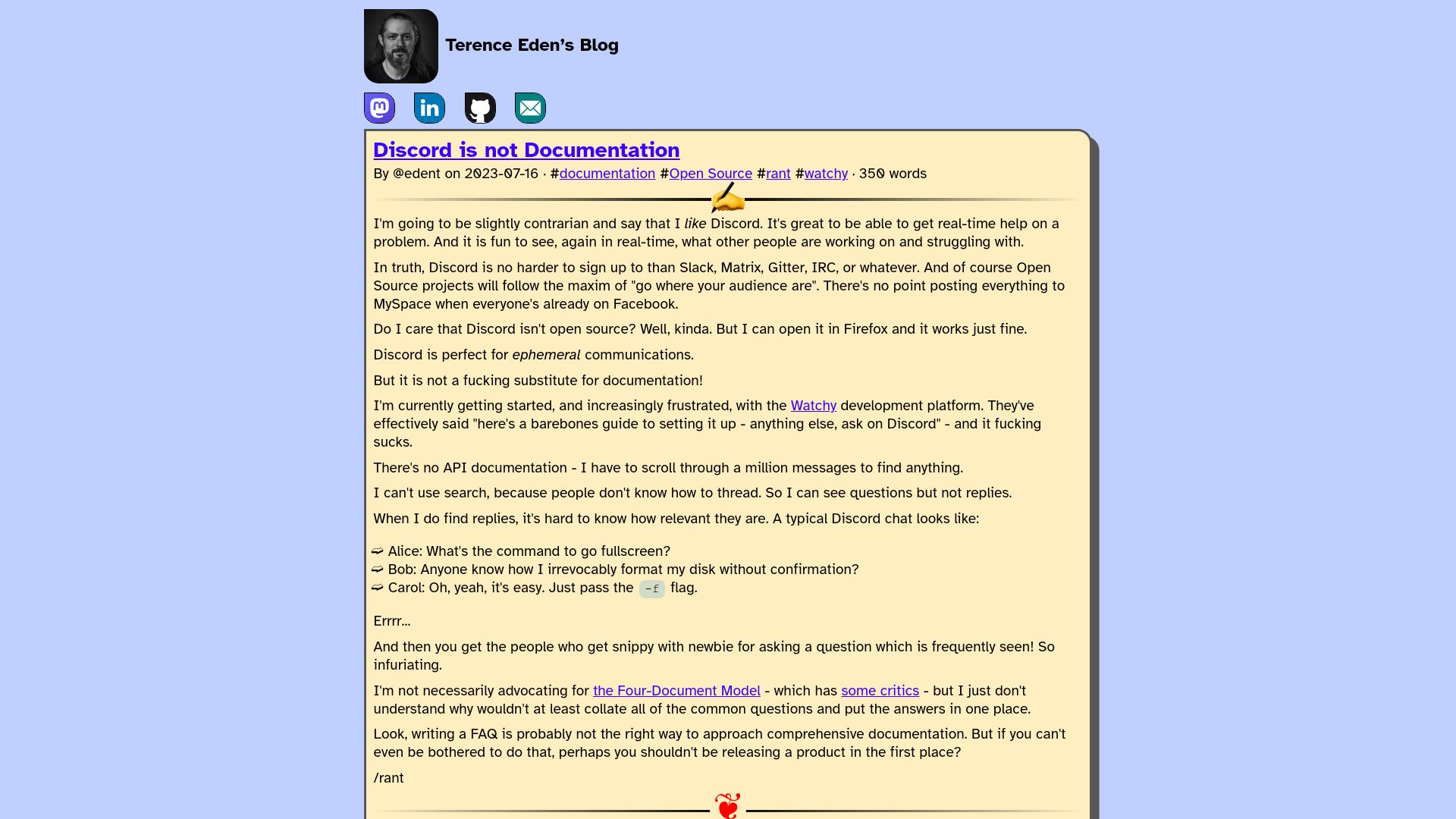 Screenshot of shkspr.mobi: Discord is not documentation
