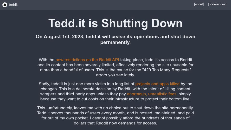 Screenshot of tedd.it: Teddit Is Shutting Down