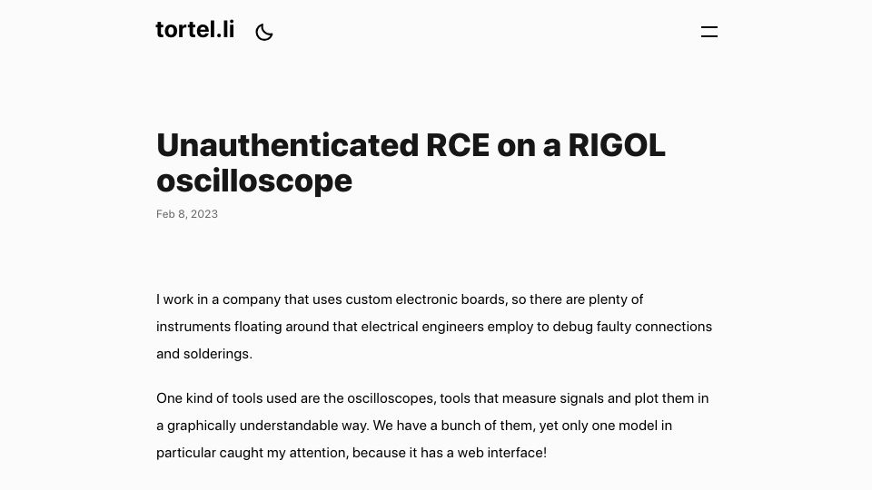 Screenshot of tortel.li: Unauthenticated RCE on a RIGOL oscilloscope