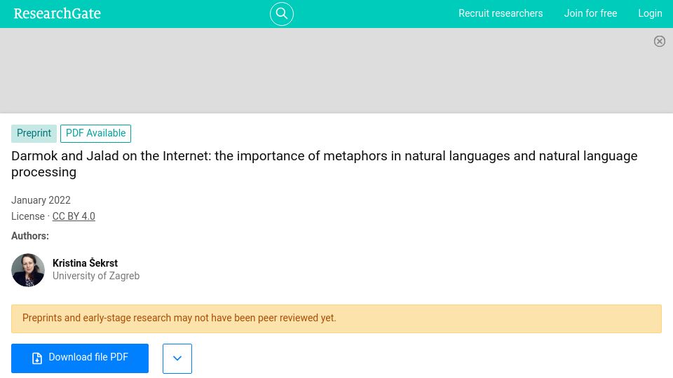Screenshot of researchgate.net: Darmok and Jalad on the Internet-The Importance of Metaphors in Natural Language