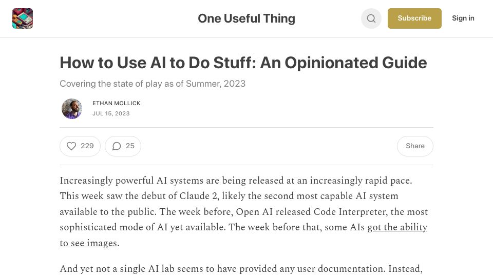 Screenshot of oneusefulthing.org: How to Use AI to Do Stuff: An Opinionated Guide