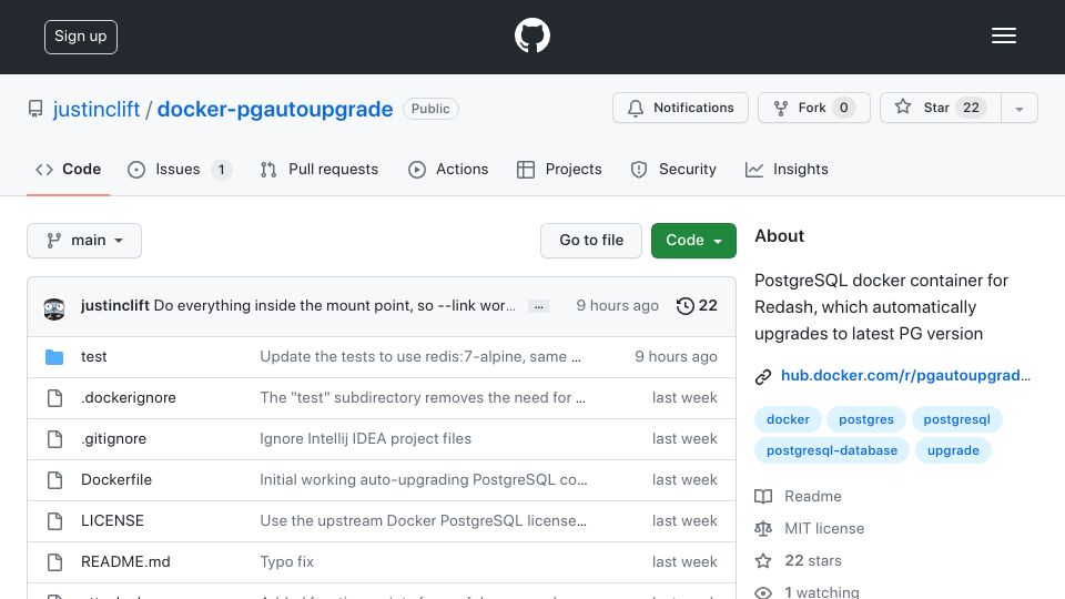 Screenshot of github.com: A PostgreSQL Docker container that automatically upgrades your  database
