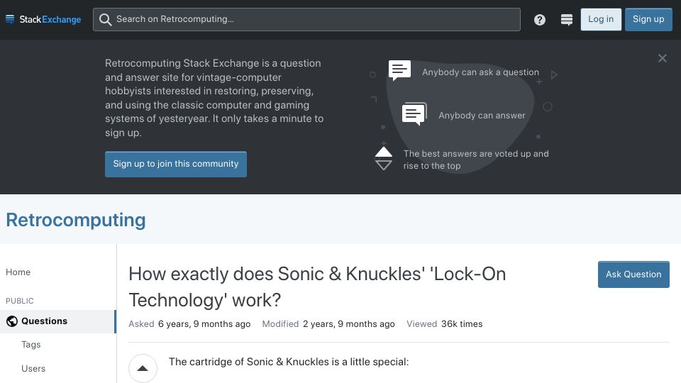 Screenshot of retrocomputing.stackexchange.com: How does Sonic and Knuckles' “Lock-On Technology” work? (2016)