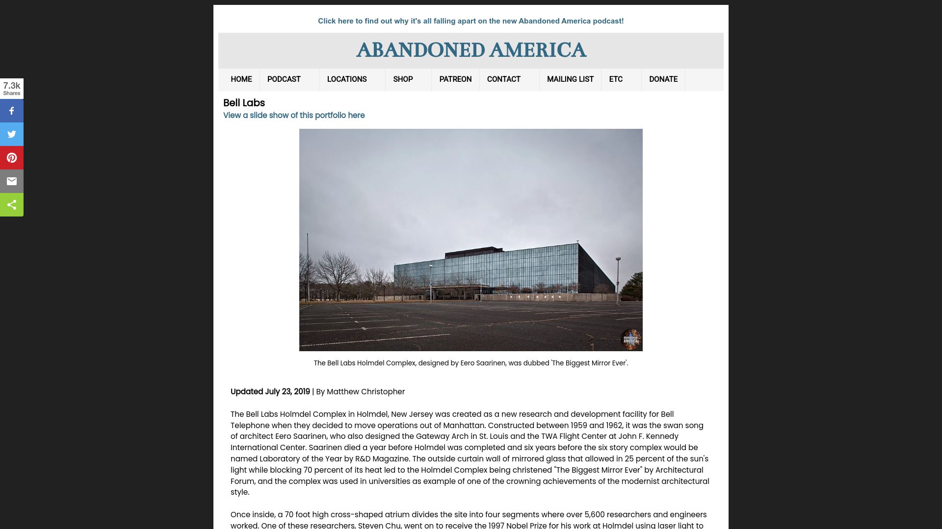 Screenshot of abandonedamerica.us: Bell Labs Holmdel Complex (2019)