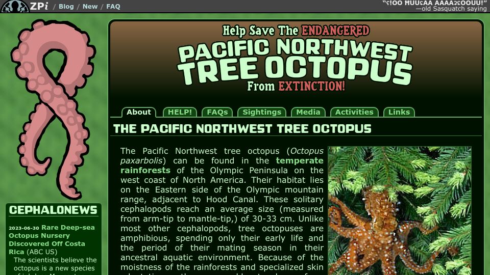 Screenshot of zapatopi.net: The Pacific Northwest Tree Octopus