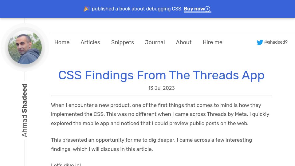 Screenshot of ishadeed.com: CSS Findings from the Threads App