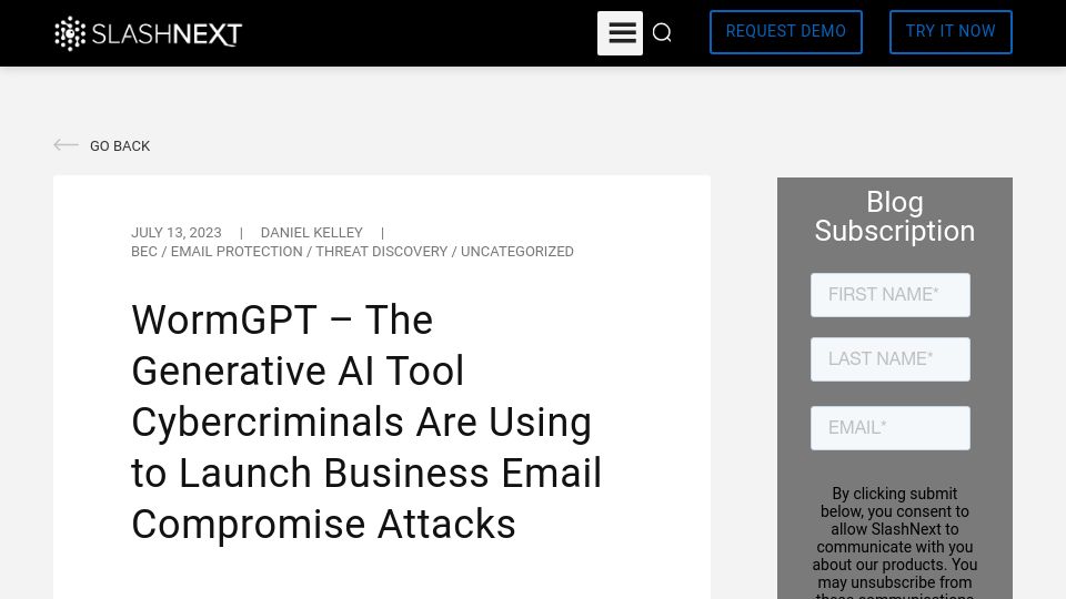 Screenshot of slashnext.com: WormGPT – The Generative AI Tool Cybercriminals Are Using