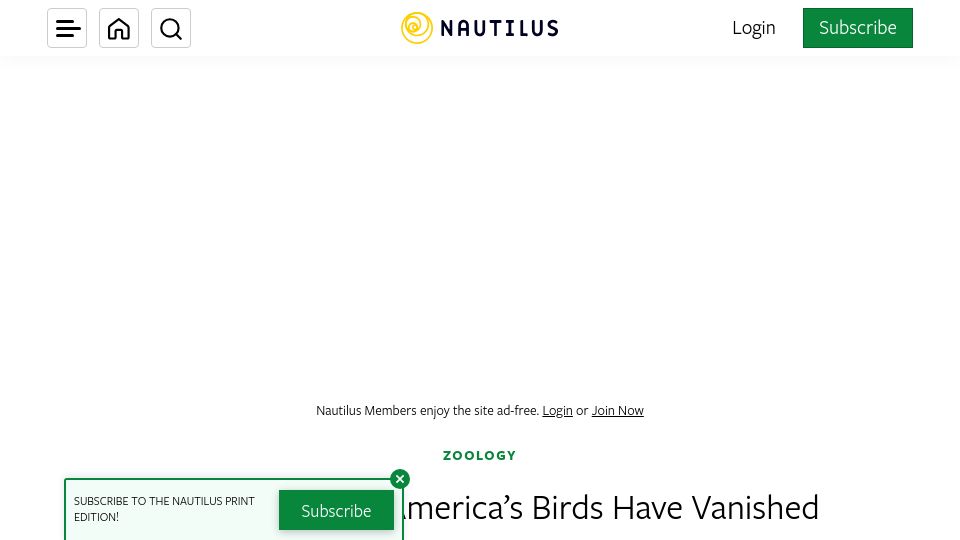 Screenshot of nautil.us: A third of North America’s birds have vanished