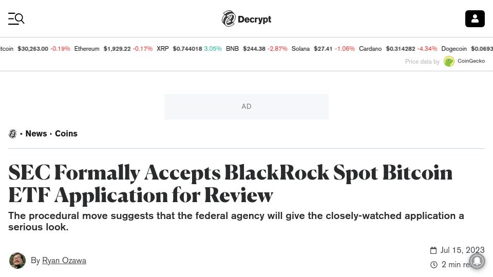 Screenshot of decrypt.co: SEC Formally Accepts BlackRock Spot Bitcoin ETF Application for Review