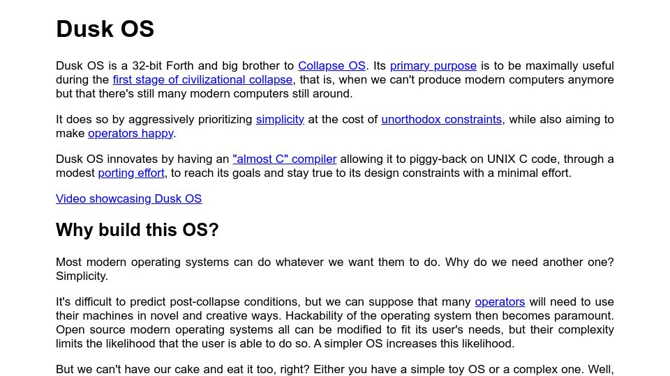 Screenshot of duskos.org: Dusk OS: 32-bit Forth OS. Useful during first stage of civilizational collapse