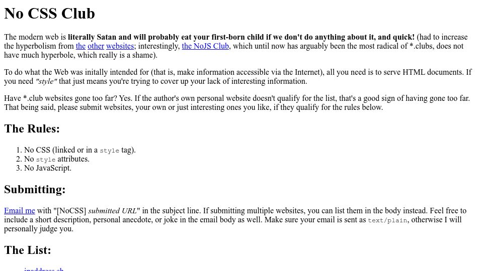 Screenshot of nocss.club: No CSS Club
