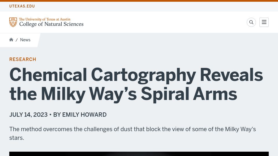 Screenshot of cns.utexas.edu: Chemical Cartography Reveals the Milky Way’s Spiral Arms