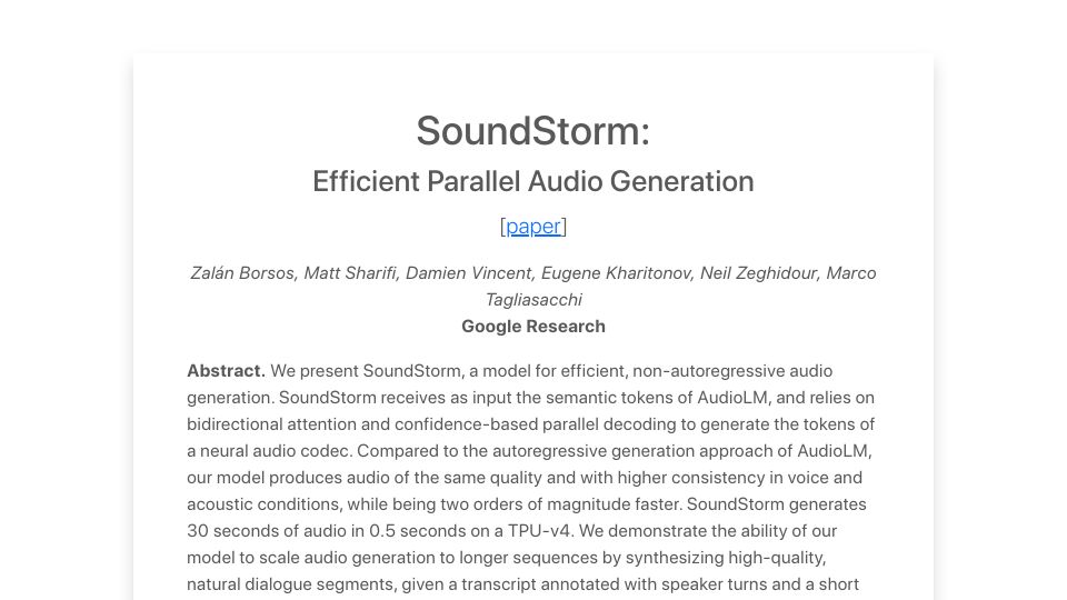 Screenshot of google-research.github.io: SoundStorm: Efficient Parallel Audio Generation