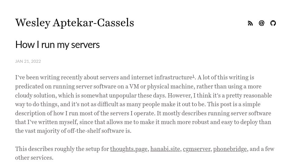 Screenshot of blog.wesleyac.com: How I run my servers (2022)